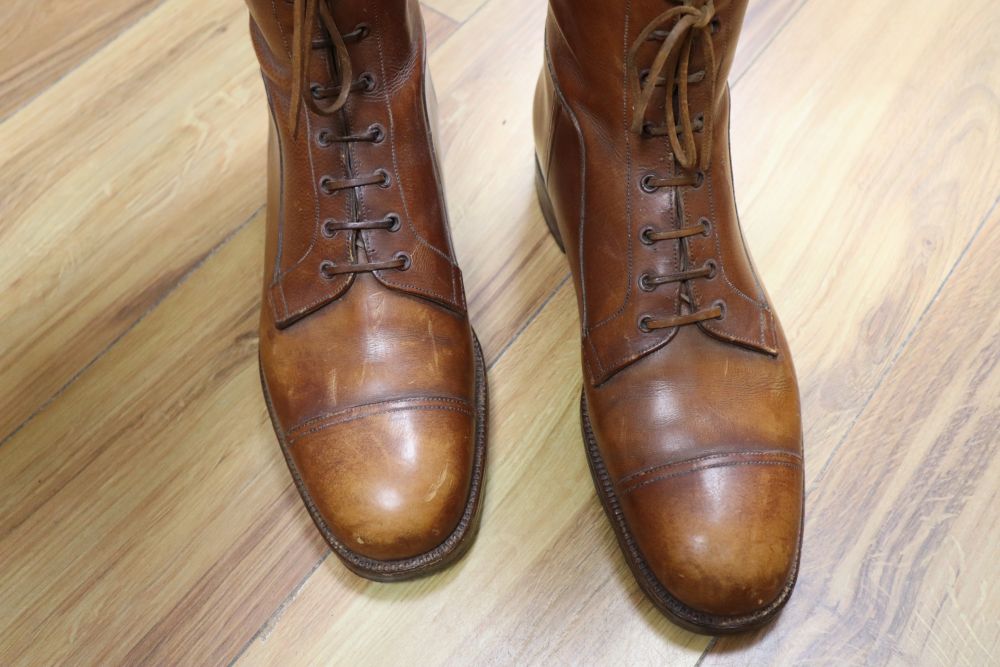 A pair of gentlemans leather riding boots, with shoe-trees, by W.Taylor, Great Portland Street, boot height 48cm